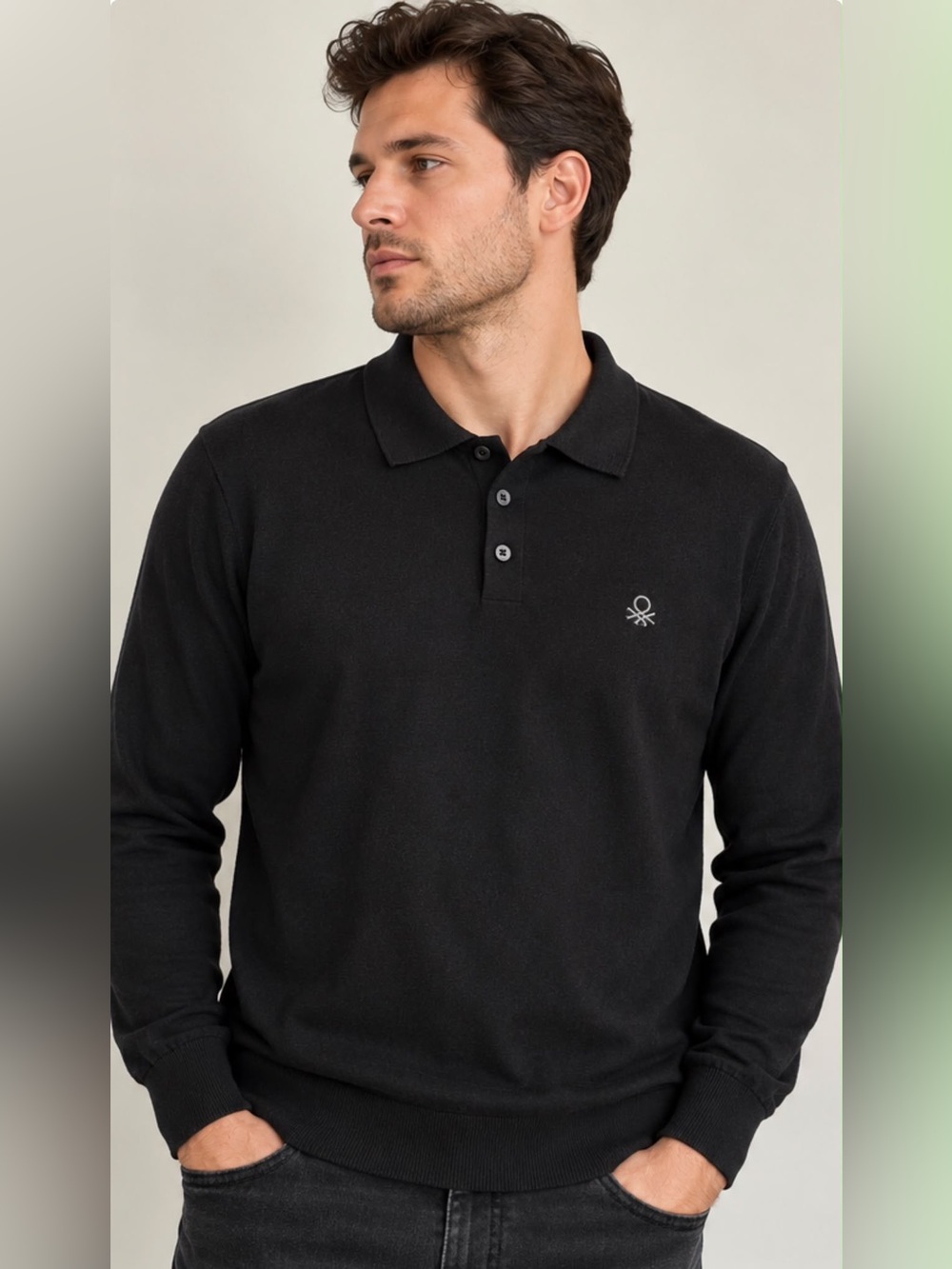 United Colors Of Benetton Men's Black Long-Sleeve Polo